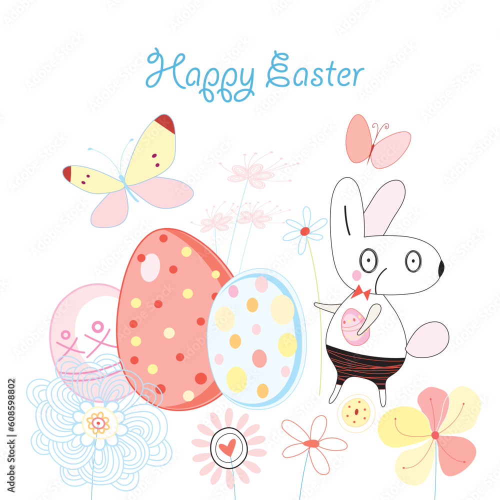 graphics card with a bright Easter bunny and eggs on a white background with flowers graphics card with a bright Easter bunny and eggs on a white background with flowers