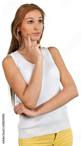 Young Woman Thinking with Finger on Face - Isolated © BillionPhotos.com