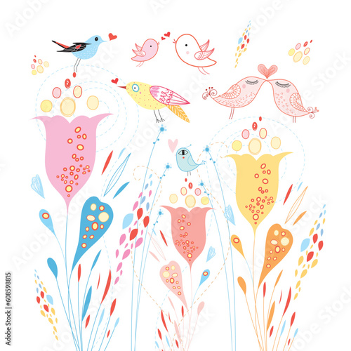 Bright beautiful floral background with birds in love on a white