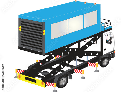 A Blue Airport Ambulift High Lift Truck isolated on White