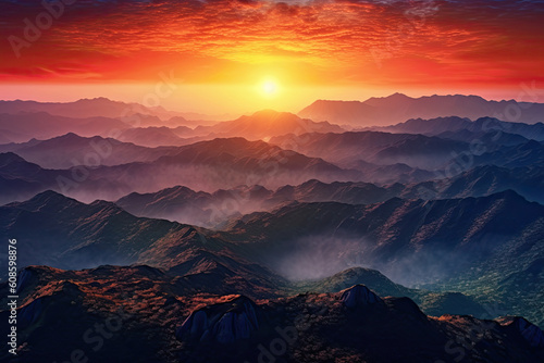 Mountains in low clouds at sunrise in summer. Aerial view of mountain peaks in fog. Beautiful landscape with rocks  forest  orange sun  colorful sky. Top view of mountain valley in clouds. Foggy hills