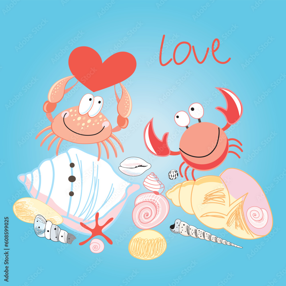 funny love crabs on a blue background with shells funny love crabs on a blue background with shells