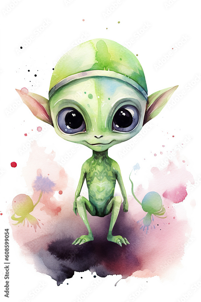 alien green watercolor clipart cute isolated on white background Stock ...