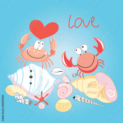 funny love crabs on a blue background with shells