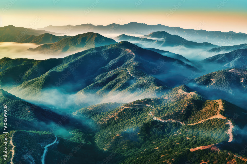 Mountains in clouds at sunrise in summer. Aerial view of mountain peak with green trees in fog. Beautiful landscape with high rocks, forest,