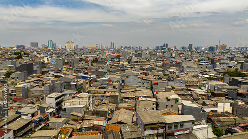Jakarta, Indonesia - October 11, 2022: Aerial drone of densely built area in Jakarta. City Landscape