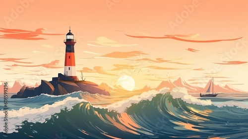 Background lighthouse. Depiction of a lighthouse and a sunset in a banner design, featuring an abstract background that captures the breathtaking beauty and tranquility of the scene. Generative AI.