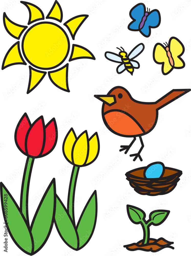 Things commonly associated with spring drawn in a cartoon style. Things commonly associated with spring drawn in a cartoon style.