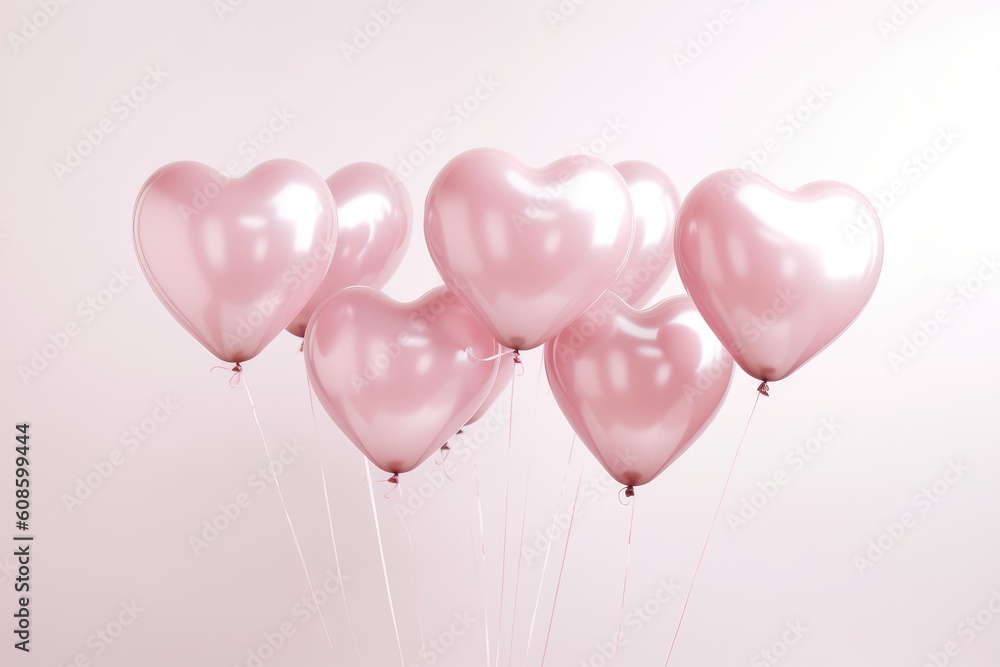 Many pink balloons background. Many pastel pink heart shaped balloons. Concept of happiness, joy, birthday. Generative AI