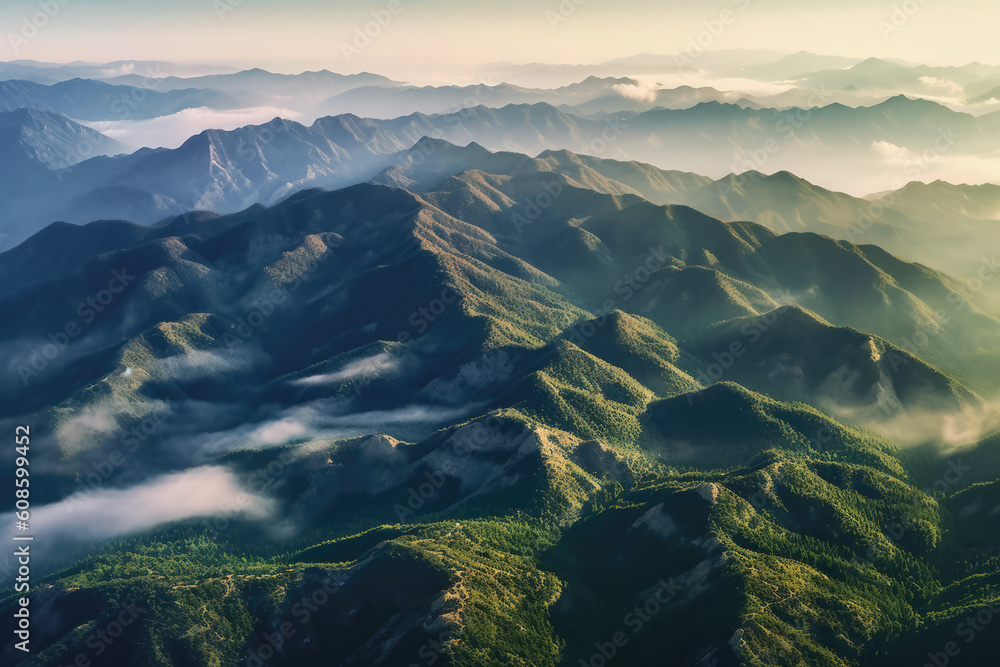 Mountains in clouds at sunrise in summer. Aerial view of mountain peak with green trees in fog. Beautiful landscape with high rocks, forest,