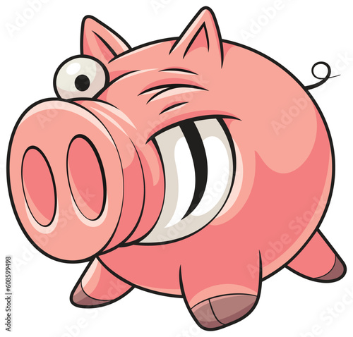 Illustration of a happy fat pink pig with a big smile showing teeth