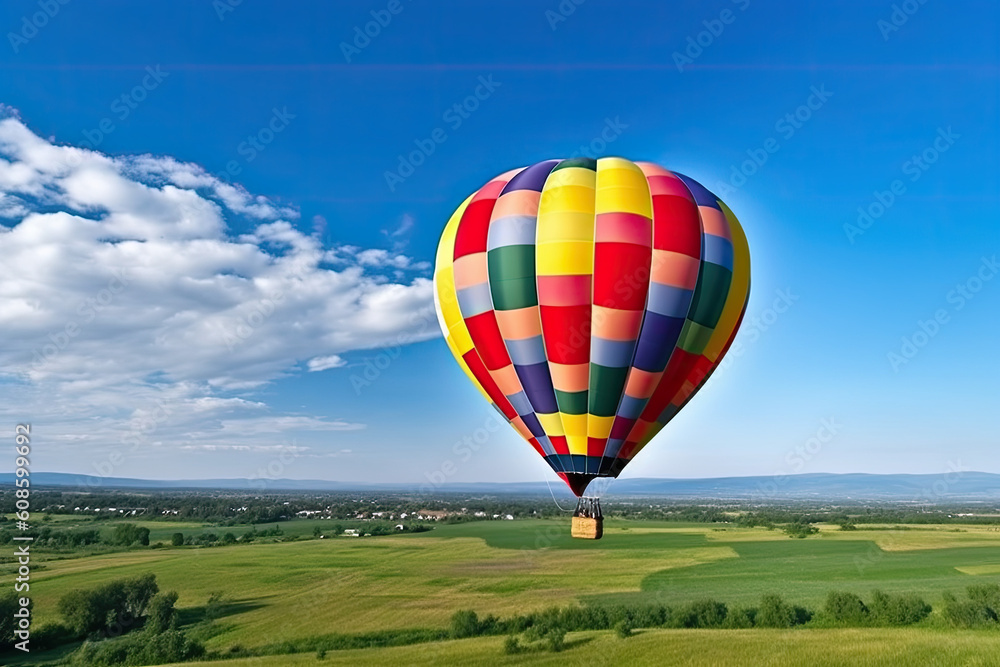 Obraz premium Hot air balloon on the green farm on the blue sky background