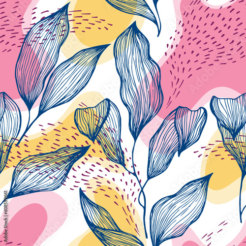 Sketch style doodle line texture leaves over stains and dots seamless vector ...