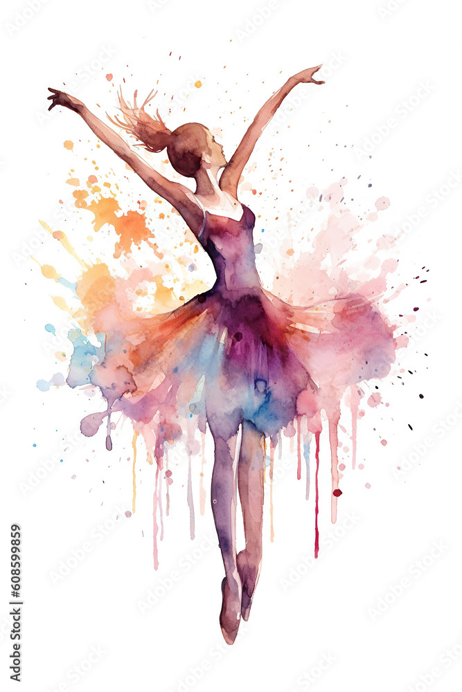Ballerina girl dancing watercolor clipart cute isolated on white background - obrazy, fototapety, plakaty 