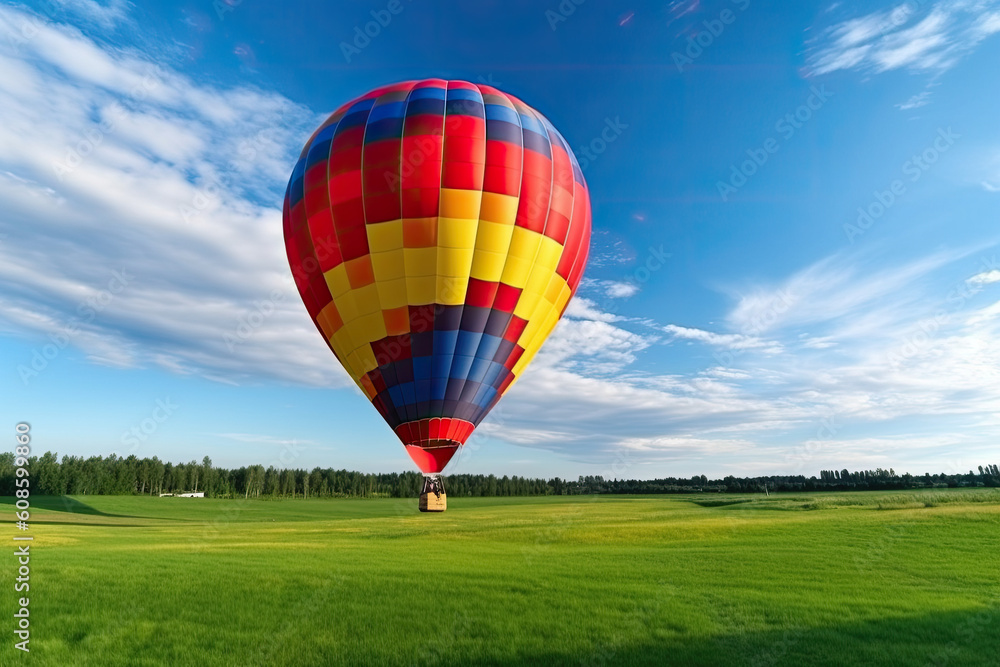 Obraz premium Hot air balloon on the green farm on the blue sky background
