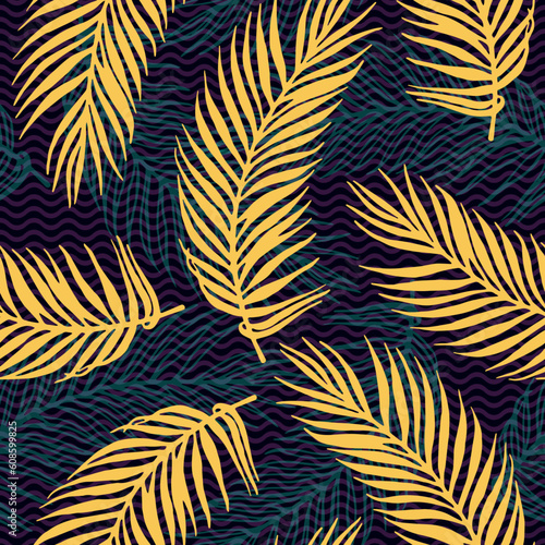 Endless paradise palm leaves vector pattern. Botanical design over waves © SunwArt