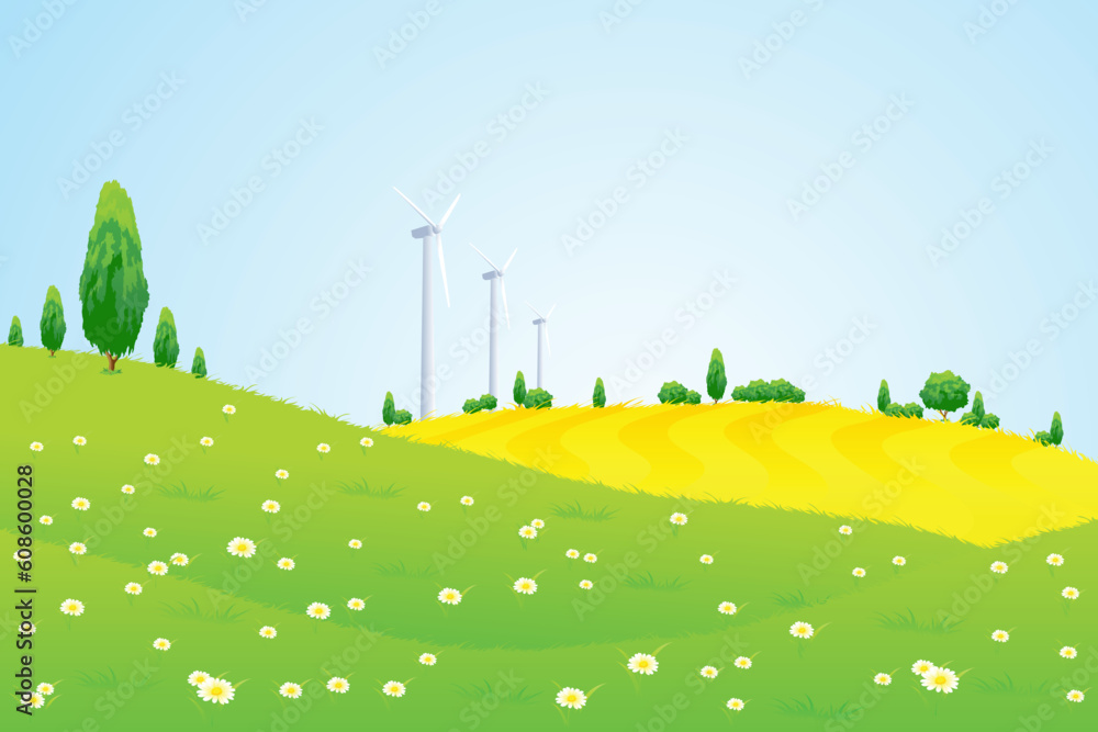 Green Landscape with Wind Power Station Trees Hills and Flowers for your design