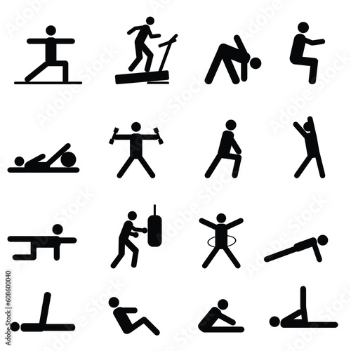 Fitness and exercise icon set in black