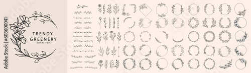 Set of elegant floral logo elements. Borders and dividers, frame corners and branch. Boho Hand drawn line wedding herb, leaves for invitation save the date card. Botanical rustic trendy greenery