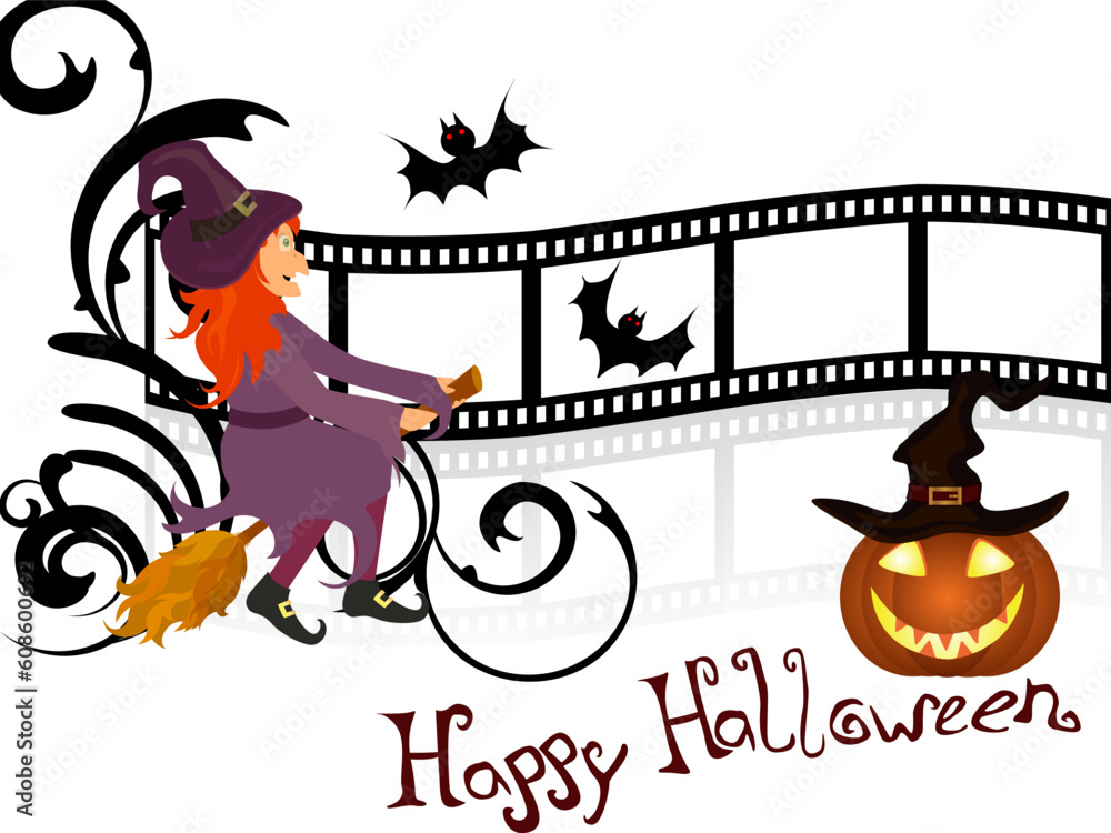Φωτογραφία vector illustration of a witch and a pumpkin on a floral film stripe background