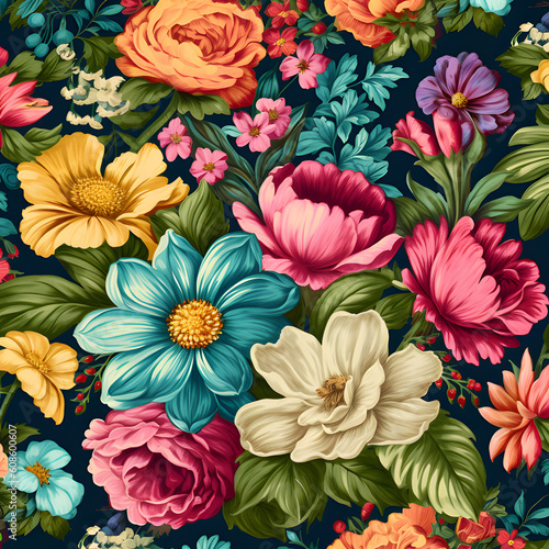 Vintage flower seamless pattern illustration, assortment of bold and colorful blooms, arranged in a symmetrical layout against a vintage-inspired backdrop, Generated AI