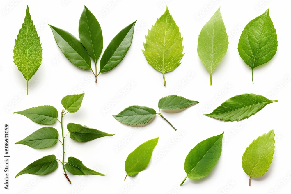 Collection of green tea leaves on a white background. Generative AI