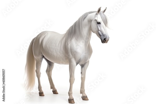 White-gray beautiful horse on a white background. Generative AI