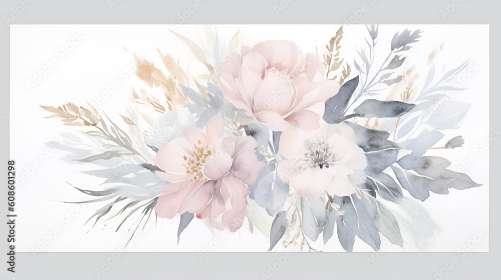 Floral delicate and tender watercolor composition with flowers. Botanical AI illustration. For textile, wallpapers, greeting card, invitation, birthday card decor, wedding.
