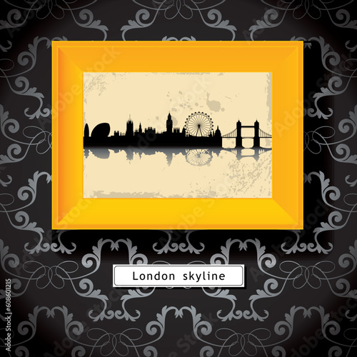 grunge London skyline in yellow photo frame - vector illustration