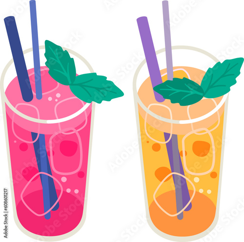 Summer party fresh cocktail. Isometric glass with cold peachy drink. Citrus beverage.