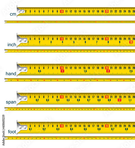 tape measure in cm, cm and inch, cm and hand, cm and span, cm and foot - vector illustration