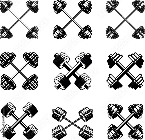Vector illustrations of crossed sports barbells. Perfect for fitness and sports-related designs. Use them for posters, logos, t-shirts, and more.