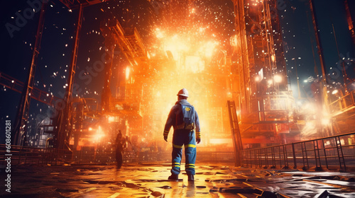 Team drill rig worker with hard hat and visibility jacket in large open pit mine during winter, bright lights shining on the background, cinematic, painterly © siripimon2525