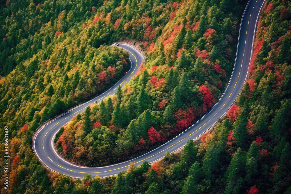 In mountainous environments with mountains; You can see a remote highway from the car driving