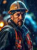 Team drill rig worker with hard hat and visibility jacket in large open pit mine during winter (generative ai technology)