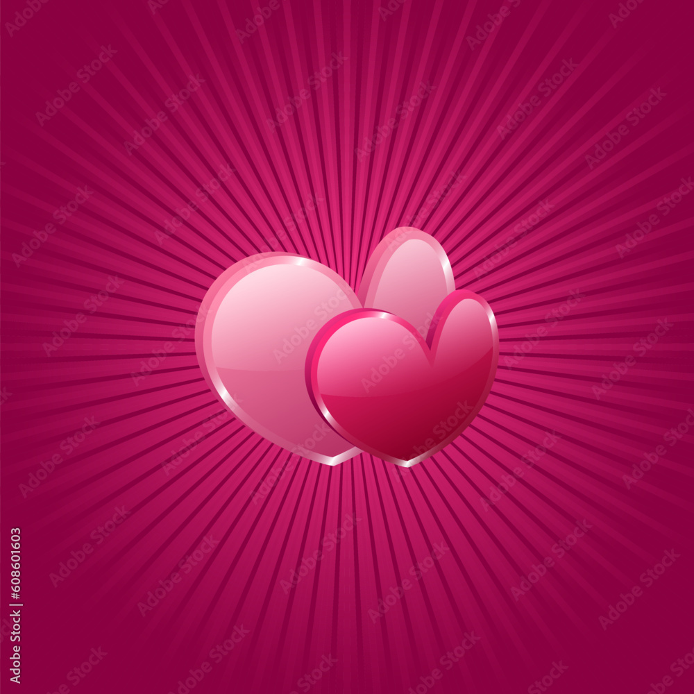 Background with glow 3d hearts and rays