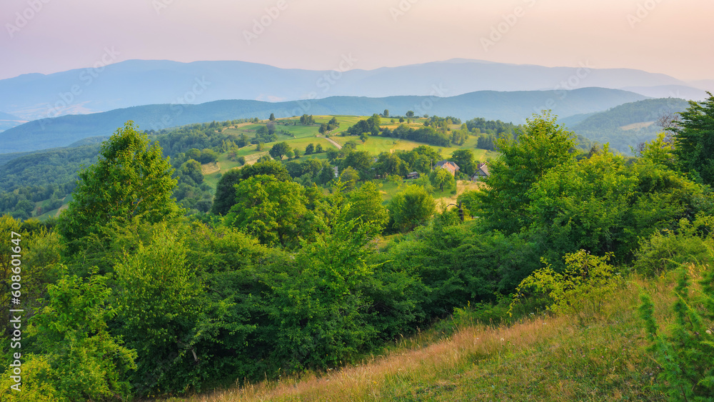 rural mountain scenery in evening light. stunning landscape with trees and meadows on hills rolling in to the distan valley