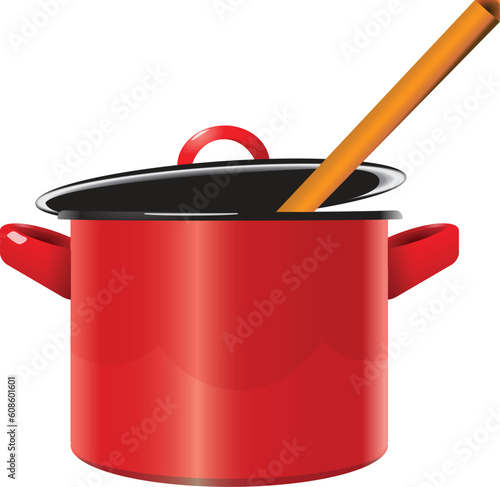 Red enameled saucepan with a lid and a wooden spoon. Vector illustration.