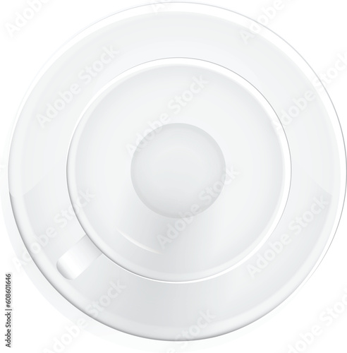 Blank white ceramic cup on the saucer. Vector illustration.