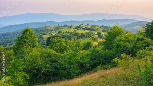 rural mountain scenery in evening light. stunning landscape with trees and meadows on hills rolling in to the distan valley