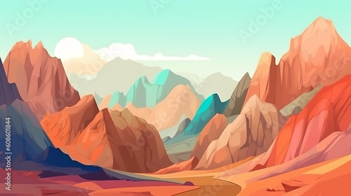 Abstract background colorful mountains. A captivating banner design with an abstract background, showcasing  illustration of mountains in an array of striking colors. Generative AI. © Andrey
