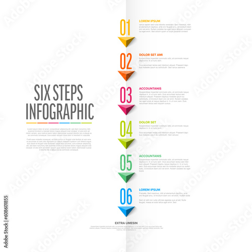 Vector six steps vertical progress template with big arrows and numbers