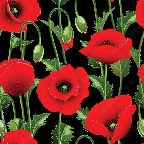 Seamless from red poppies and green leaves.Clipping Mask.(can be repeated and scaled in any size)
