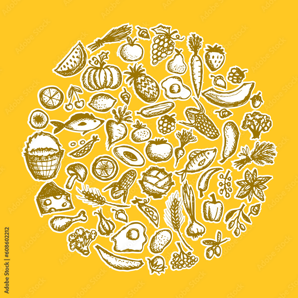 Healthy food background, sketch for your design Healthy food background, sketch for your design