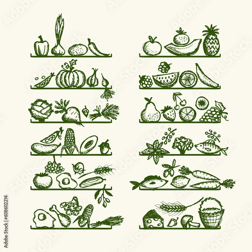 Healthy food on shelves, sketch for your design