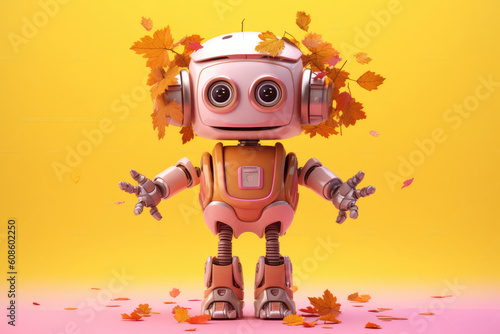 Small cute smiling autumn robot with hands, legs, colored with pastel colorful orange, red maple leaves, pastel orange background. Cute AI toy robot on yellow autumn leaves. Generative AI