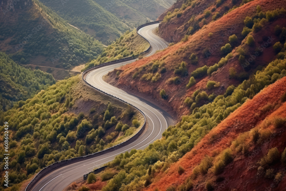 In mountainous environments with mountains; You can see a remote highway from the car driving In mountainous environments with mountains; You can see a remote highway from the car driving