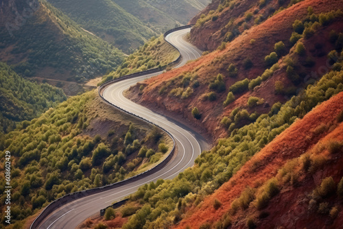 In mountainous environments with mountains; You can see a remote highway from the car driving