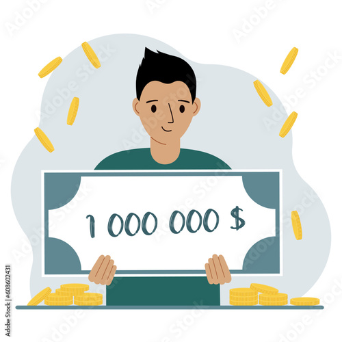 Jackpot, the concept of winning cash money. Happy smiling man holding a certificate for one million dollars in his hands. Feeling excited, celebrating a win.