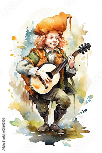 bard musician watercolor clipart cute isolated on white background